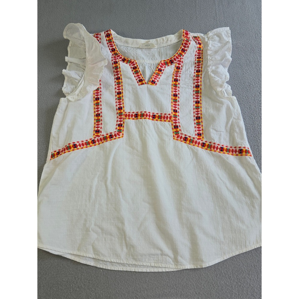 Entro Embroidered Blouse Womens Large White Boho Flutter Sleeve T12214